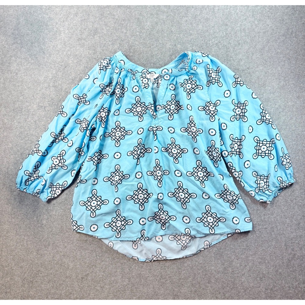 Crown & Ivy Blue Geometric Medallion Balloon Sleeve Peasant Blouse Large